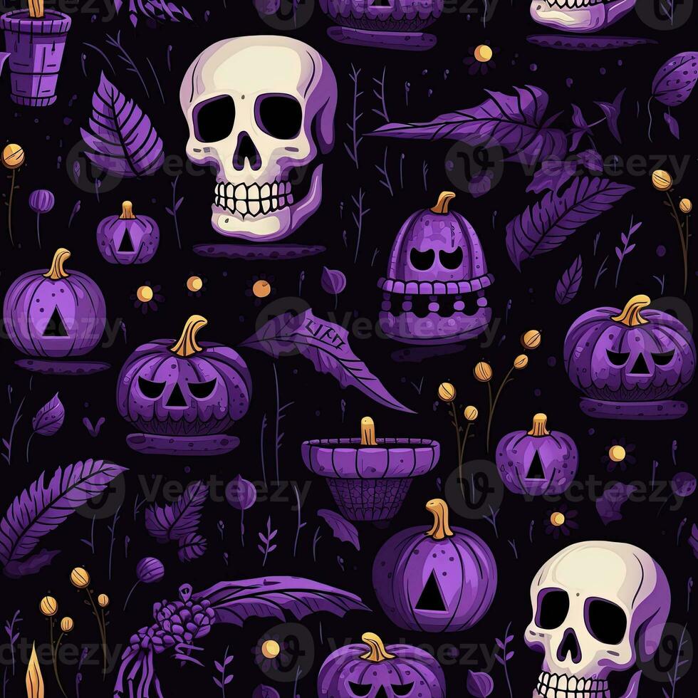 Halloween seamless pattern with pumpkins and skulls Ai generated photo