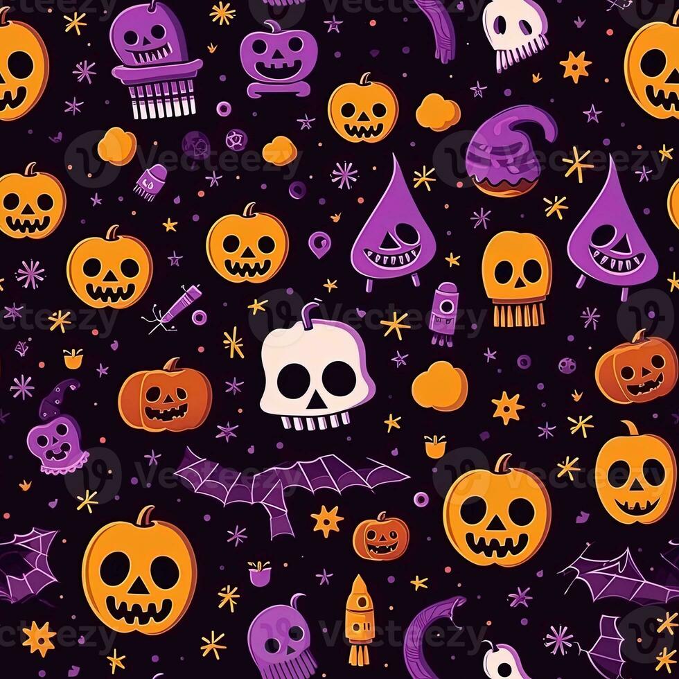 Halloween seamless pattern with pumpkins and skulls Ai generated photo