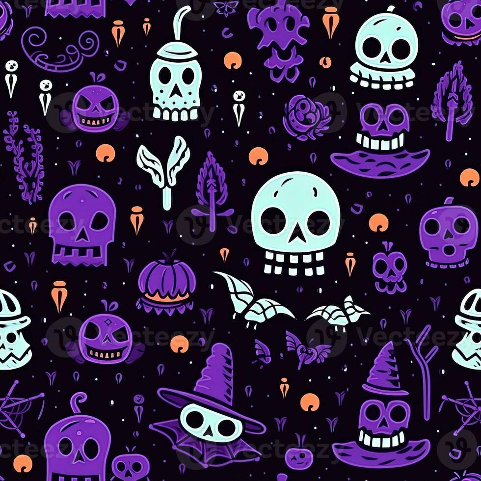 Halloween seamless pattern with pumpkins and skulls Ai generated photo