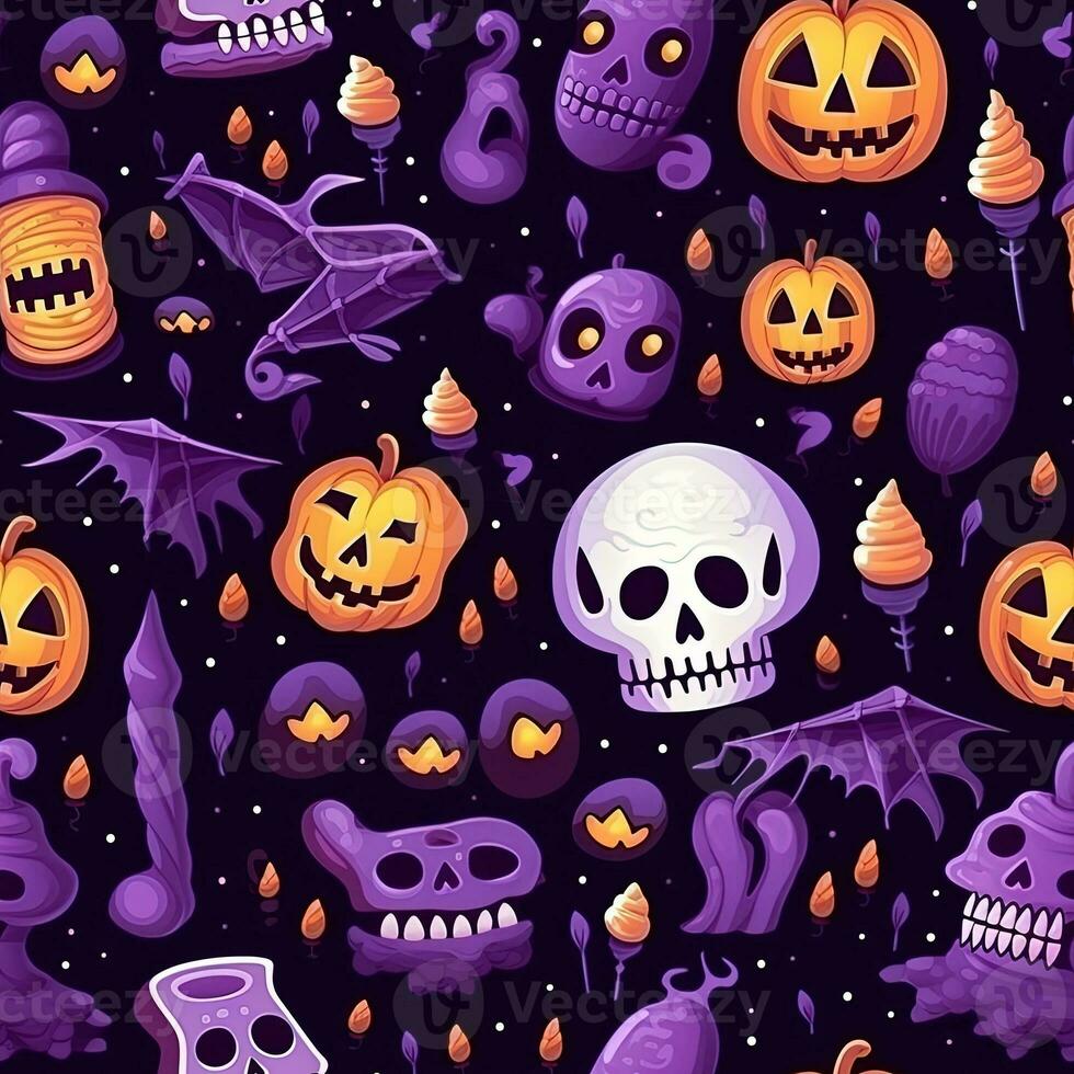 Halloween seamless pattern with pumpkins and skulls Ai generated photo