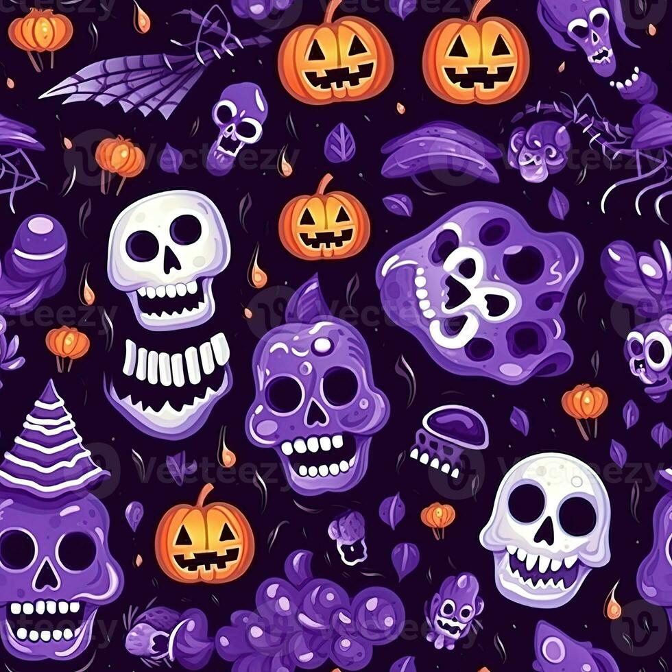 Halloween seamless pattern with pumpkins and skulls Ai generated photo