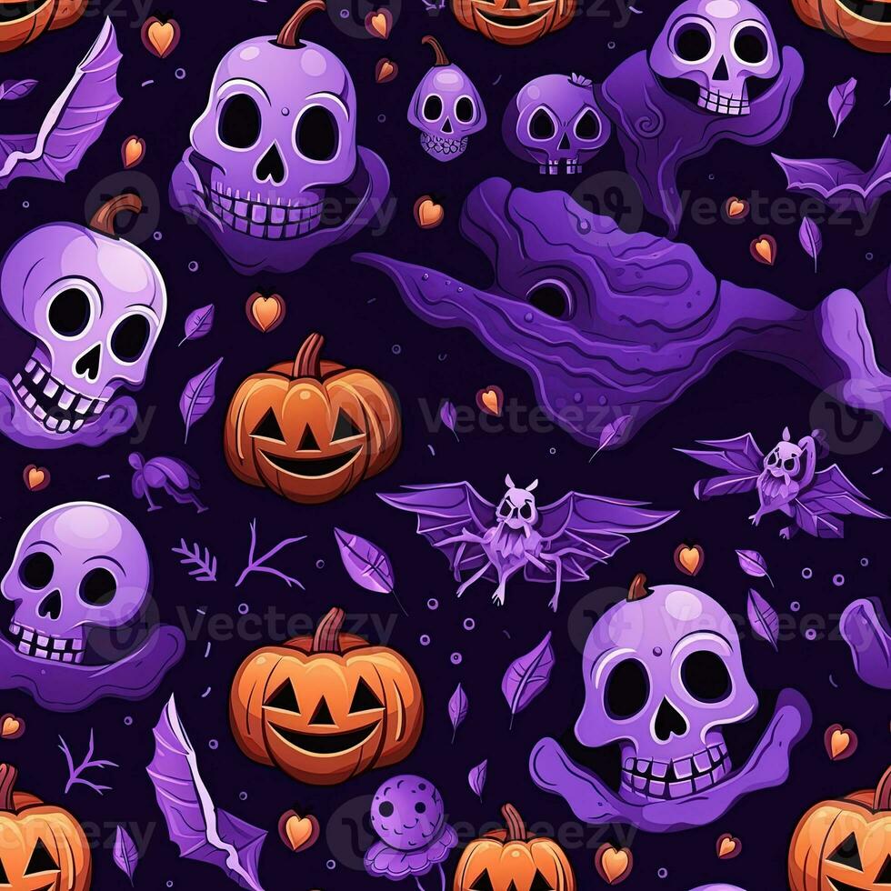 Halloween seamless pattern with pumpkins and skulls Ai generated photo