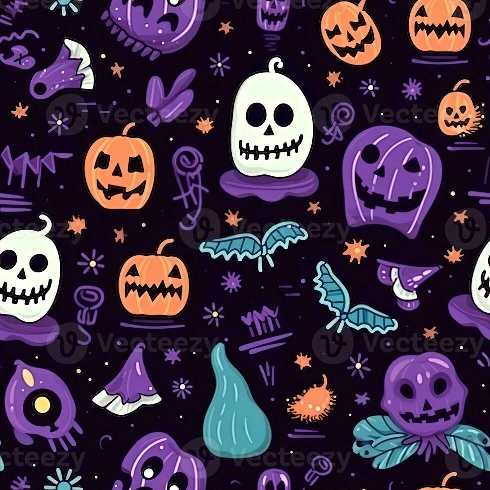 Halloween seamless pattern with pumpkins and skulls Ai generated photo