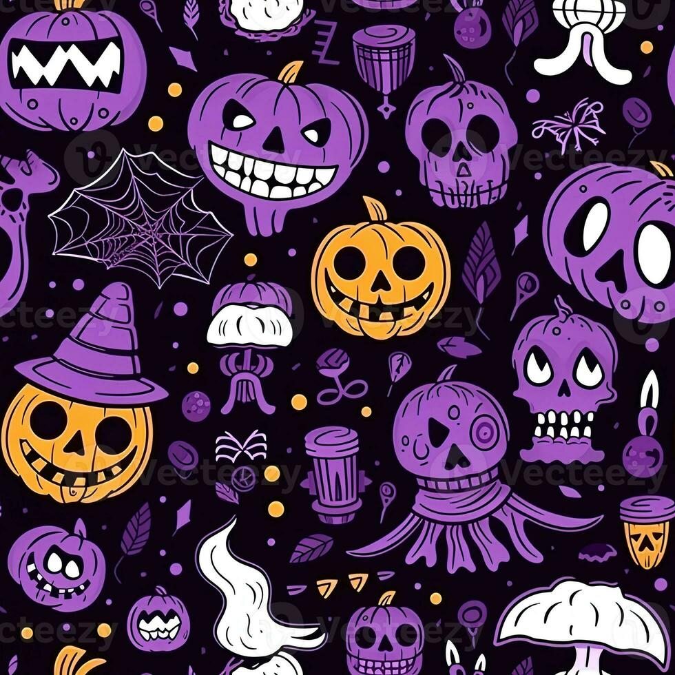 Halloween seamless pattern with pumpkins and skulls Ai generated photo