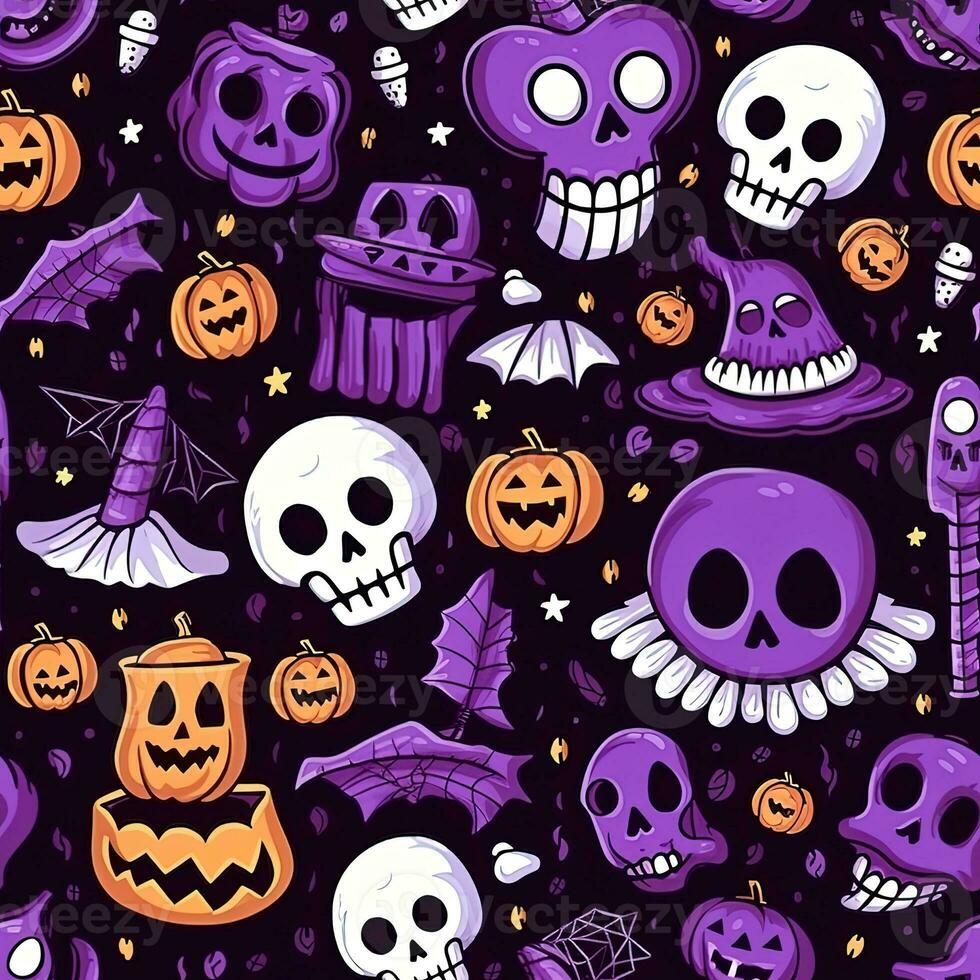 Halloween seamless pattern with pumpkins and skulls Ai generated photo