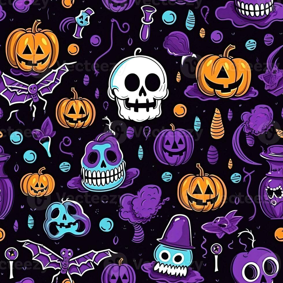 Halloween seamless pattern with pumpkins and skulls Ai generated photo