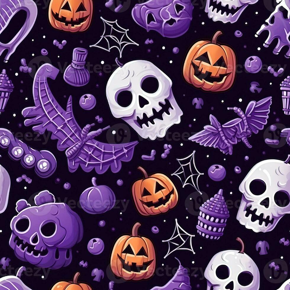 Halloween seamless pattern with pumpkins and skulls Ai generated photo