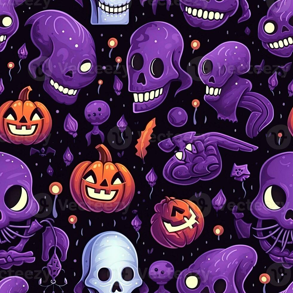 Halloween seamless pattern with pumpkins and skulls Ai generated photo
