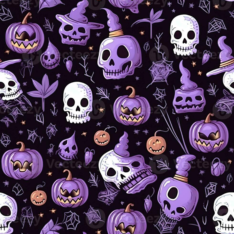 Halloween seamless pattern with pumpkins and skulls Ai generated photo