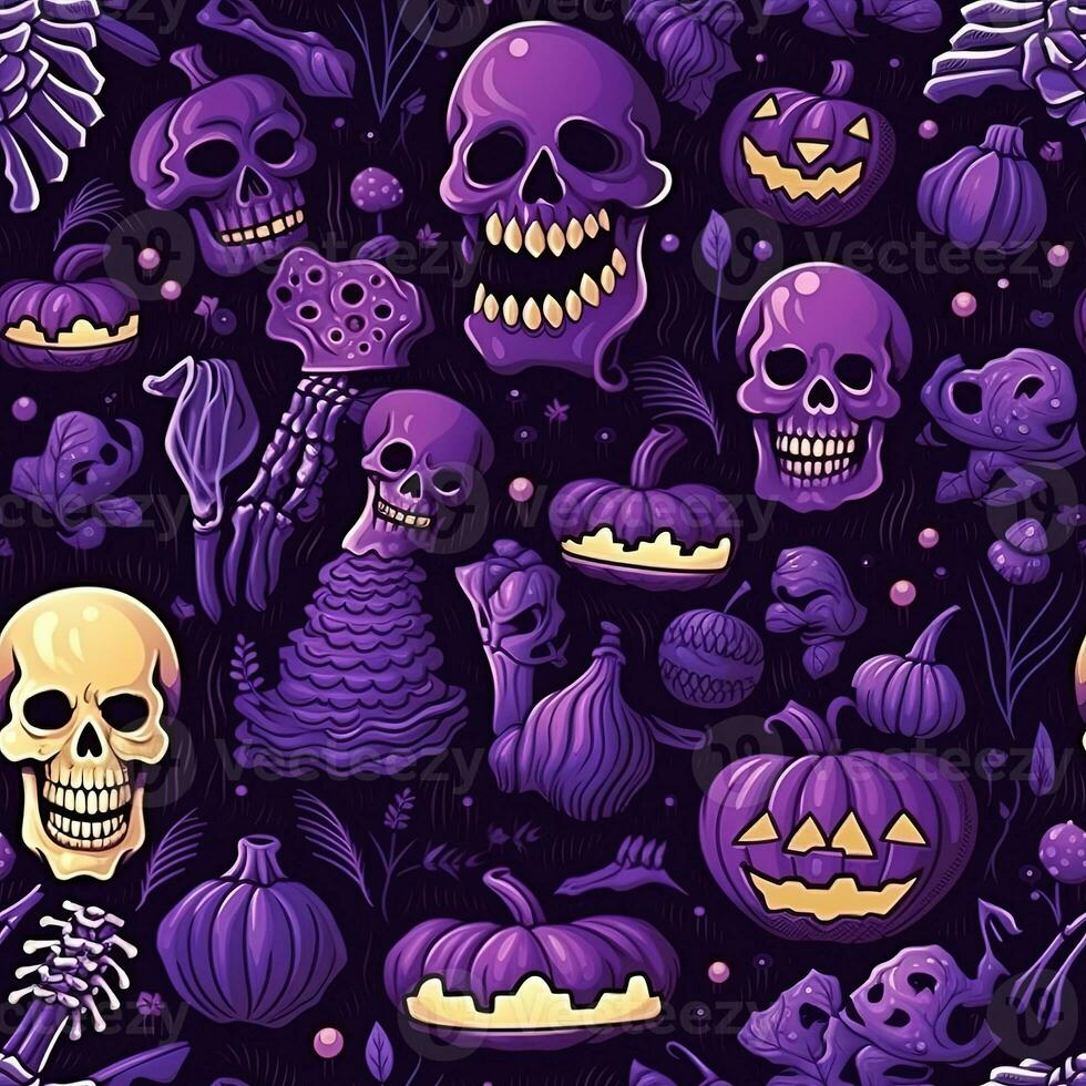 Halloween seamless pattern with pumpkins and skulls Ai generated photo
