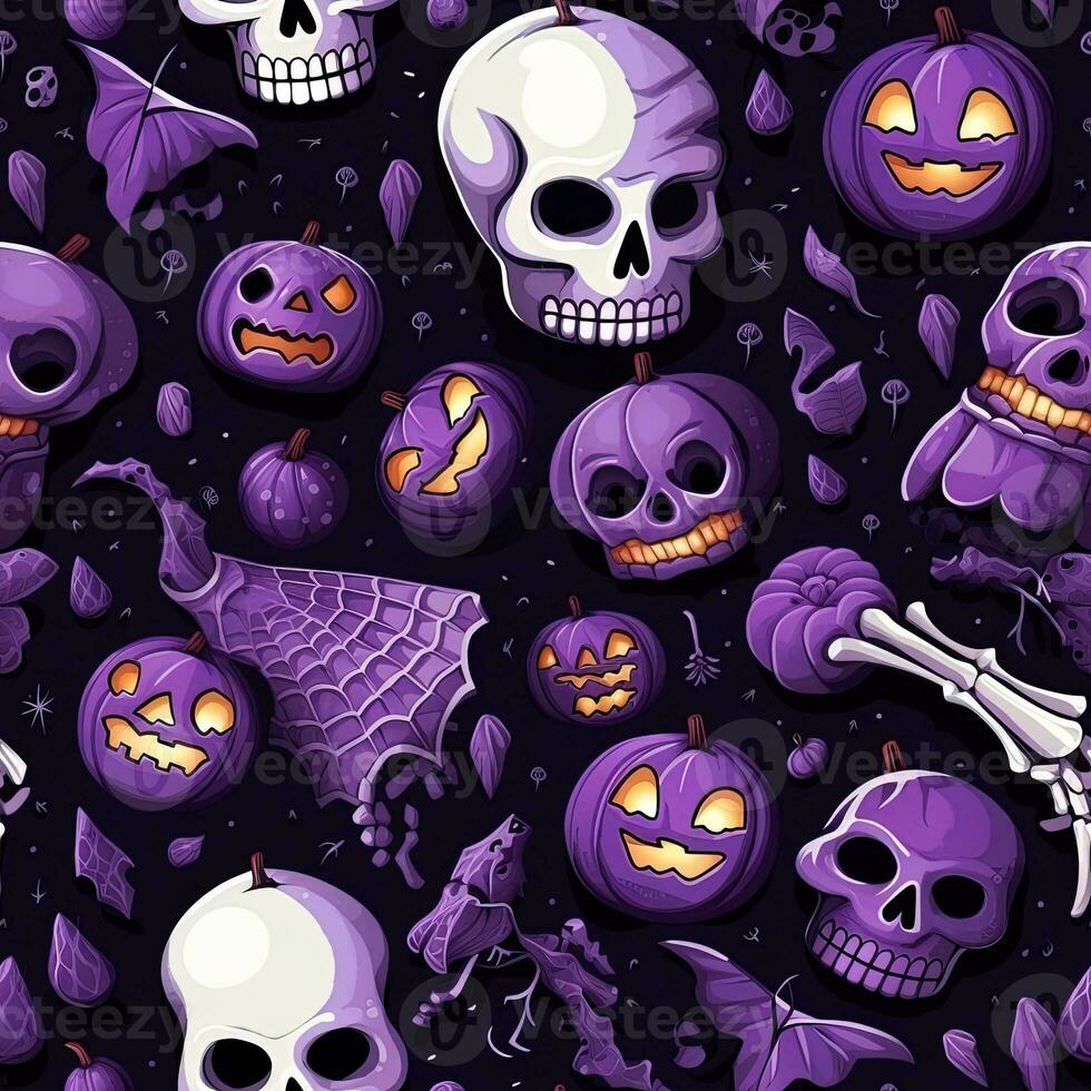 Halloween seamless pattern with pumpkins and skulls Ai generated photo