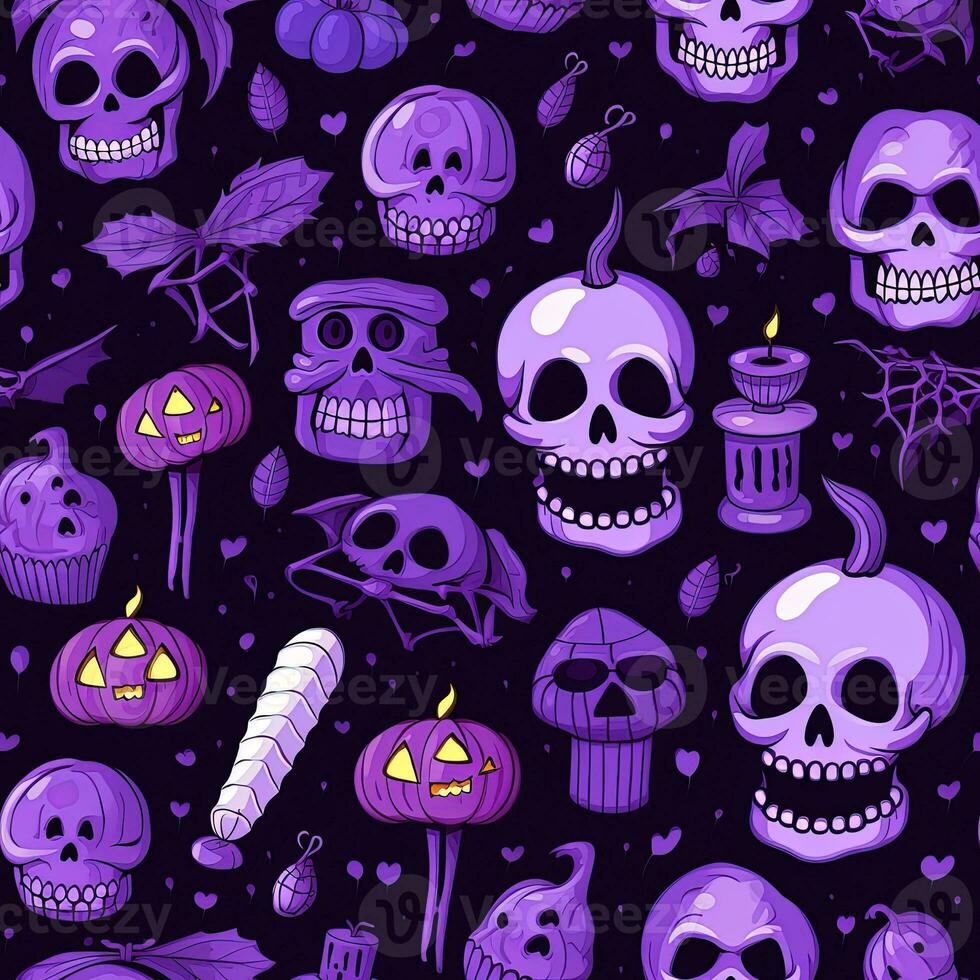 Halloween seamless pattern with pumpkins and skulls Ai generated photo