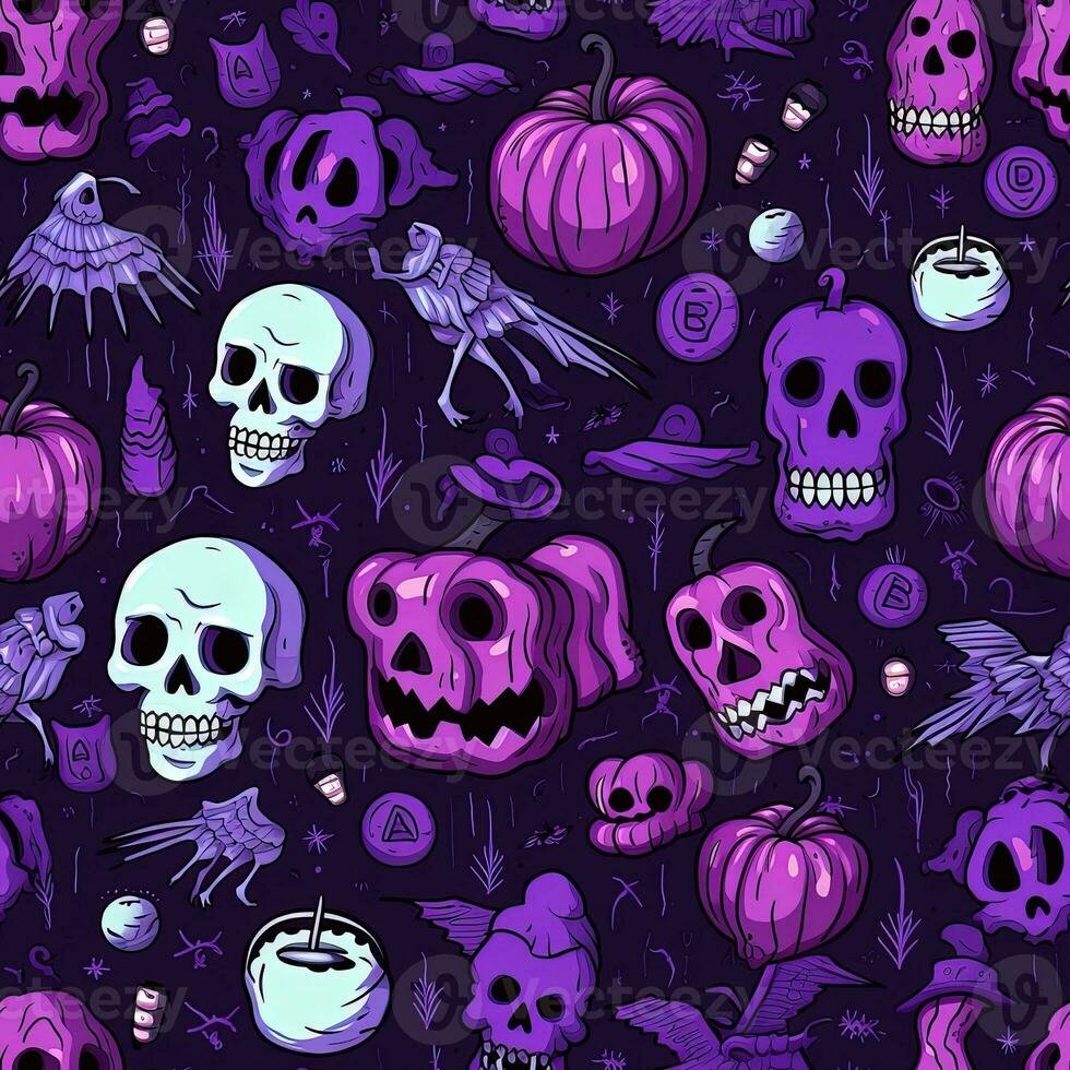 Halloween seamless pattern with pumpkins and skulls Ai generated photo
