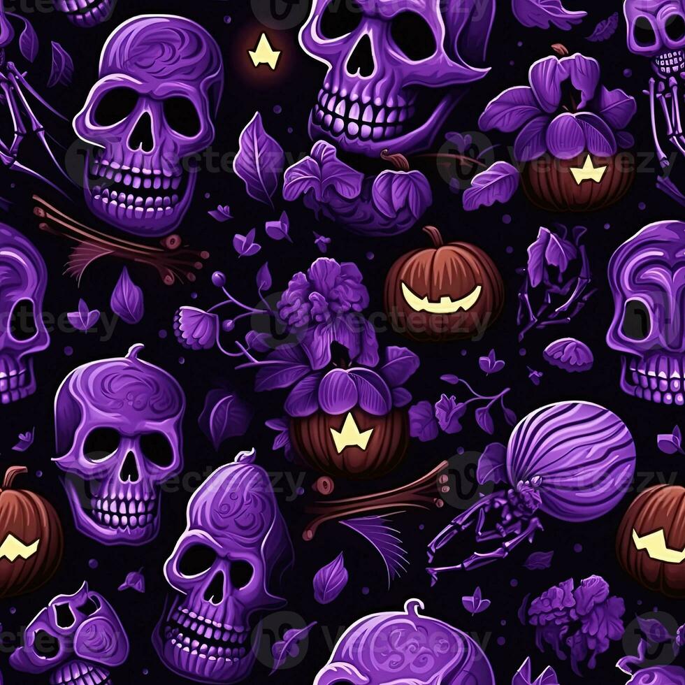 Halloween seamless pattern with pumpkins and skulls Ai generated photo