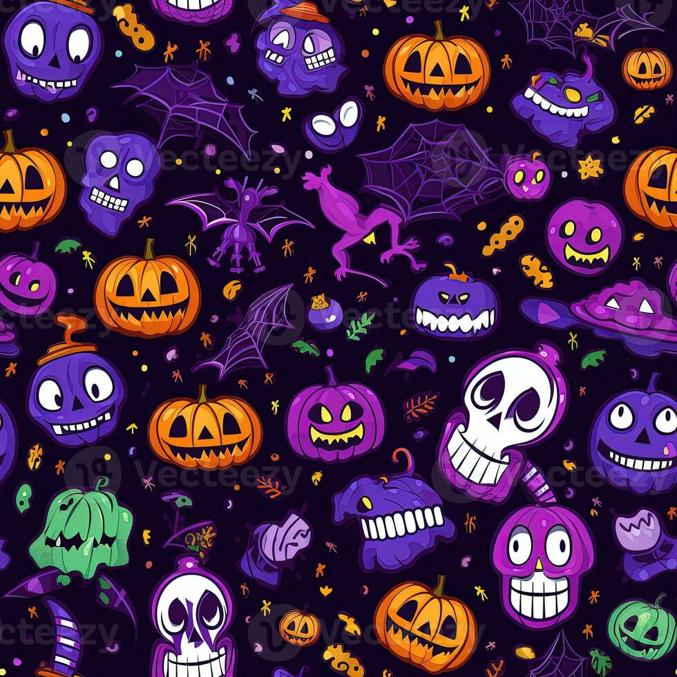 Halloween seamless pattern with pumpkins and skulls Ai generated photo