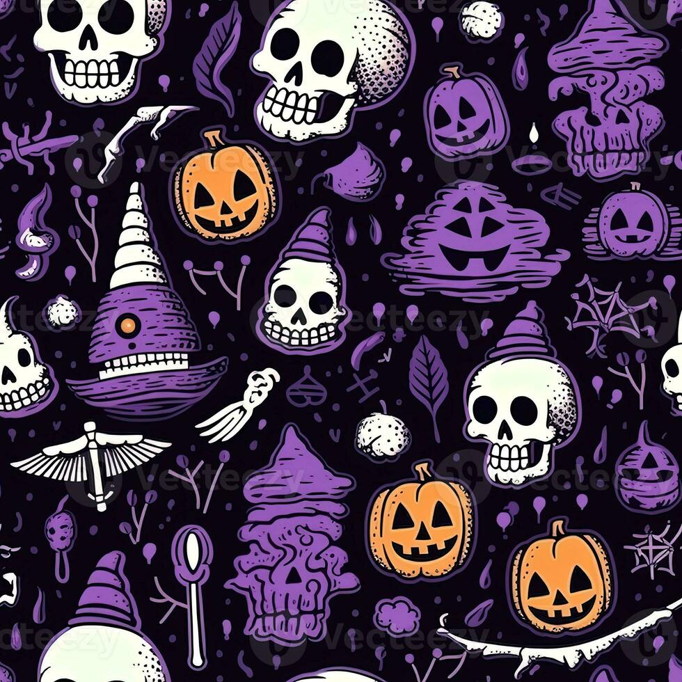 Halloween seamless pattern with pumpkins and skulls Ai generated photo