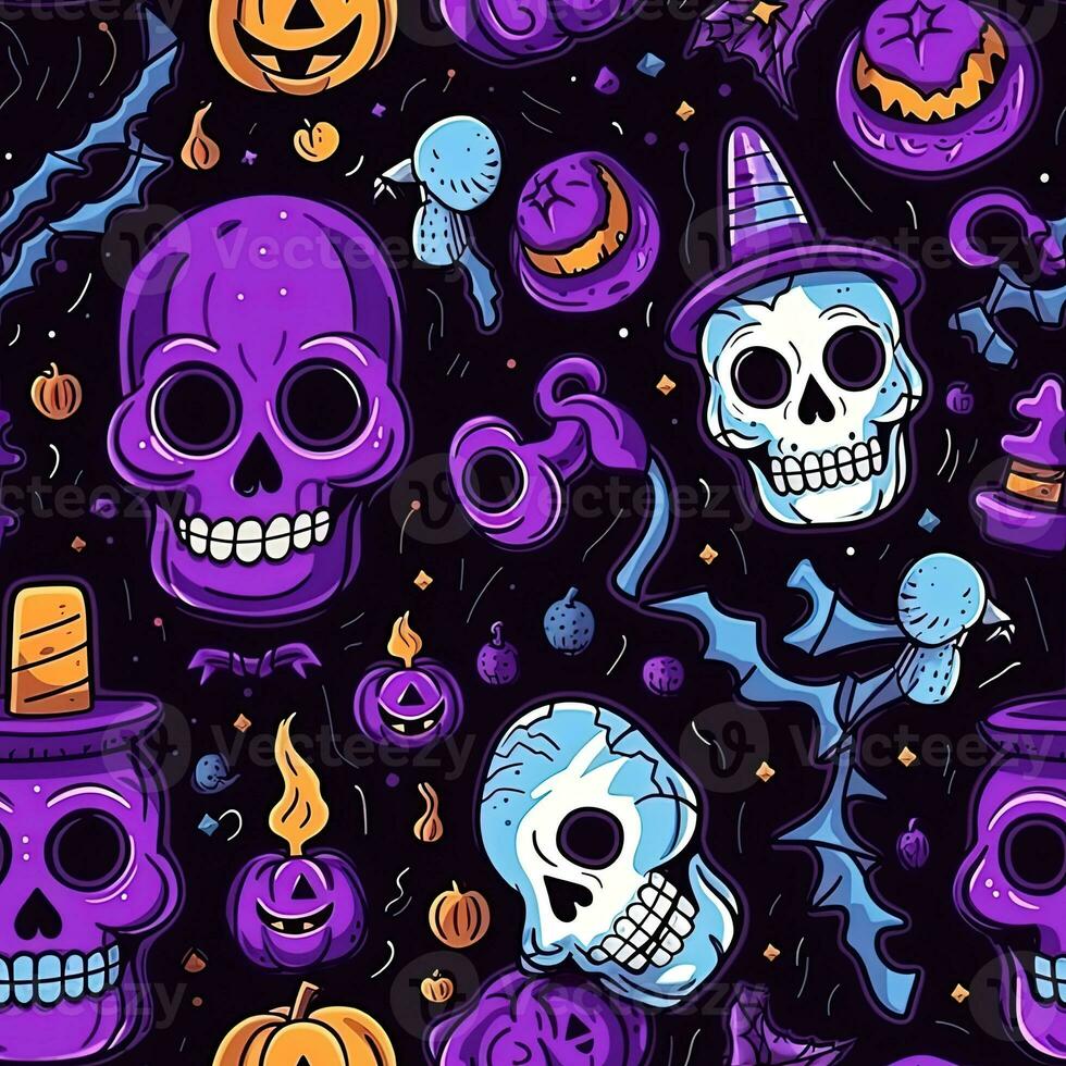 Halloween seamless pattern with pumpkins and skulls Ai generated photo