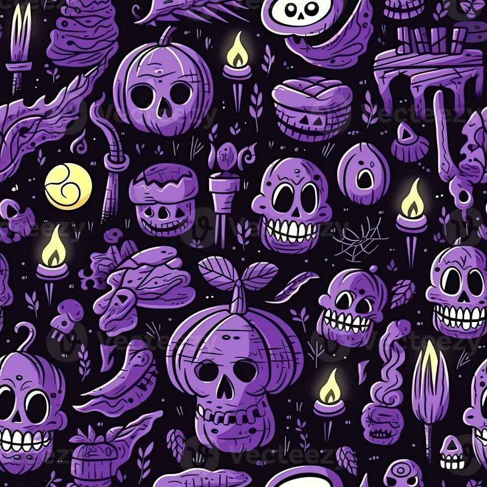 Halloween seamless pattern with pumpkins and skulls Ai generated photo