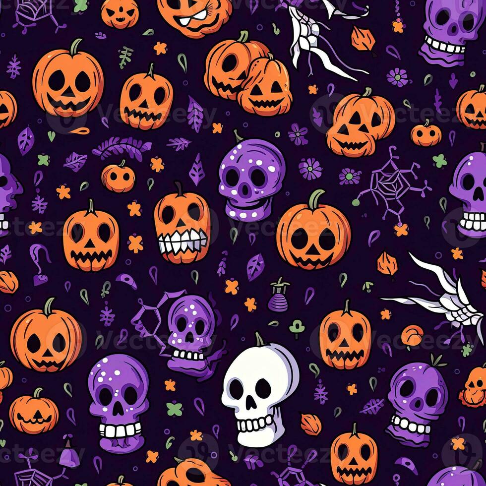 Halloween seamless pattern with pumpkins and skulls Ai generated photo