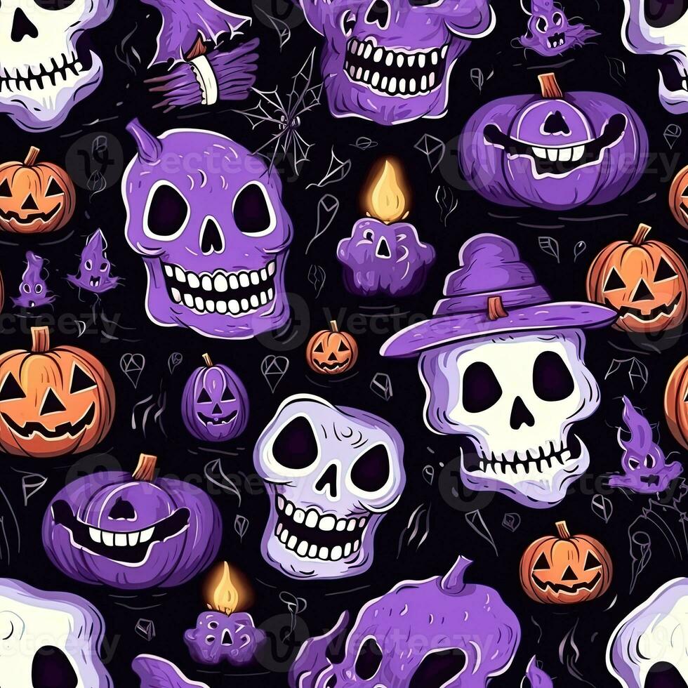 Halloween seamless pattern with pumpkins and skulls Ai generated photo