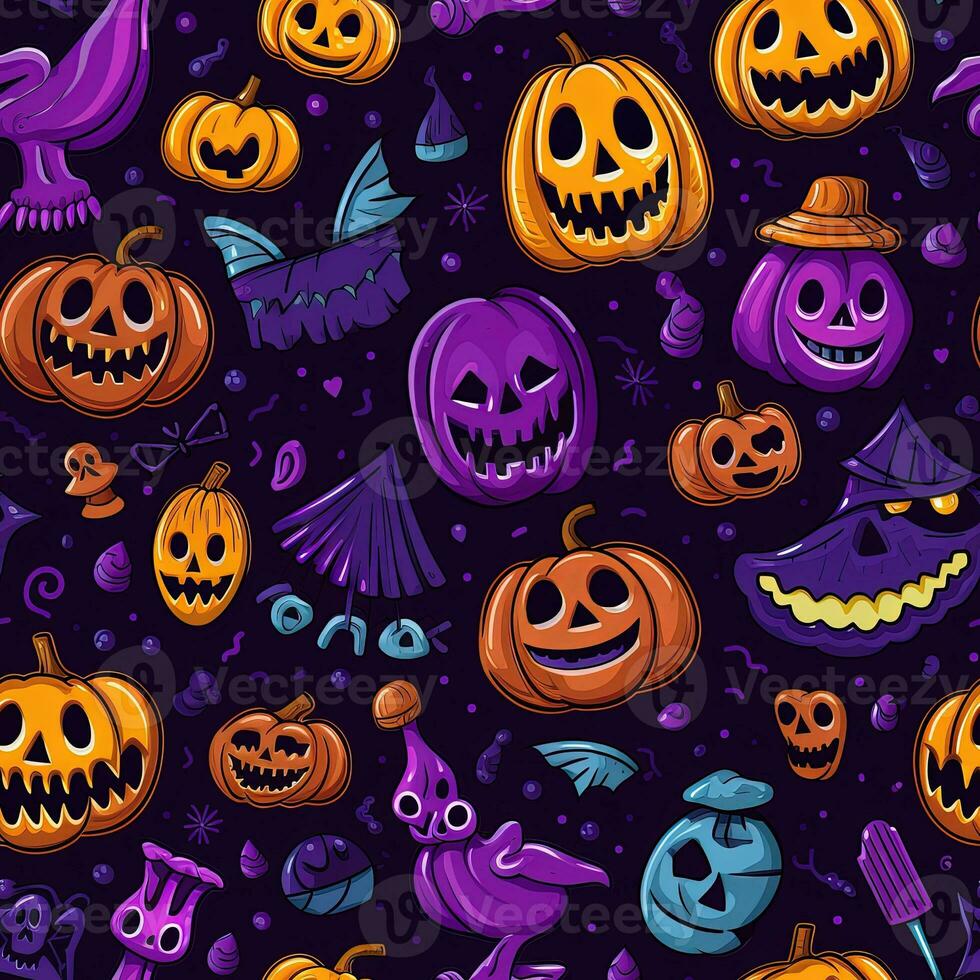 Halloween seamless pattern with pumpkins and skulls Ai generated photo