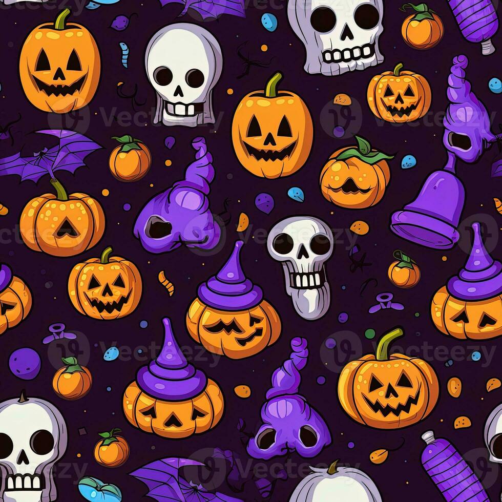 Halloween seamless pattern with pumpkins and skulls Ai generated photo