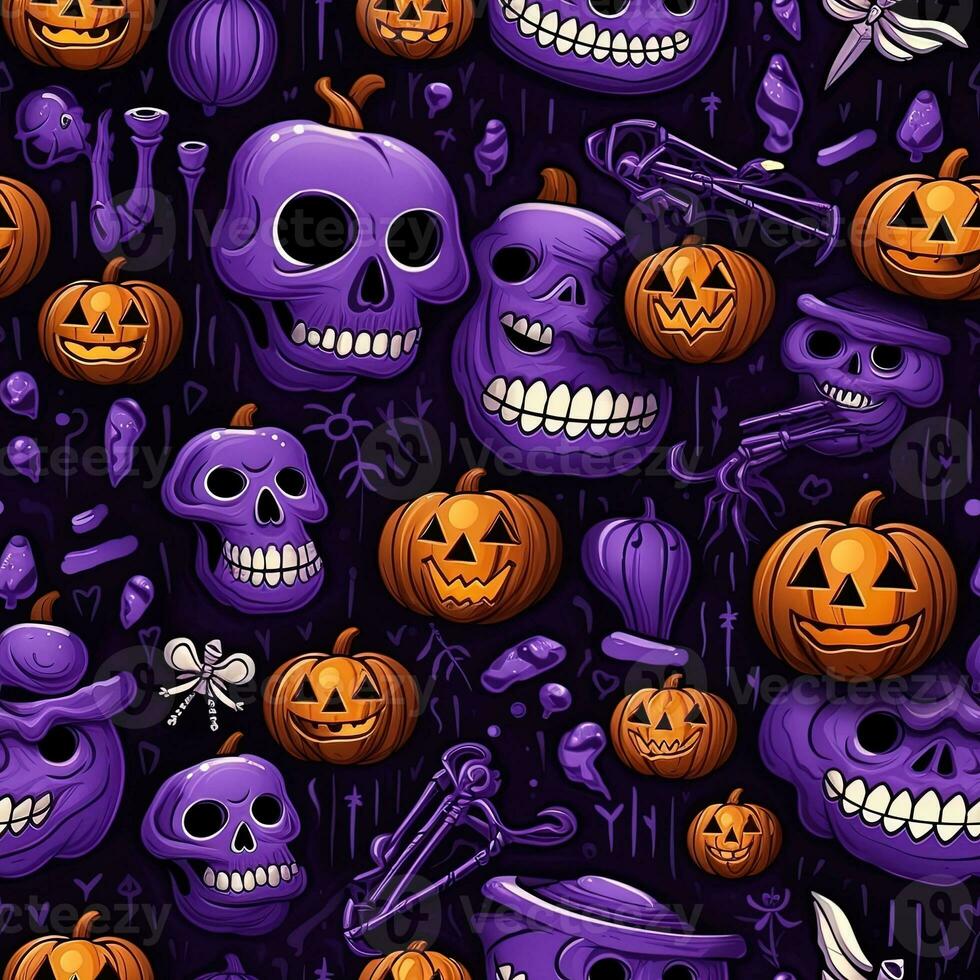 Halloween seamless pattern with pumpkins and skulls Ai generated photo