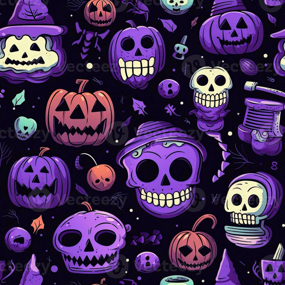 Halloween seamless pattern with pumpkins and skulls Ai generated photo