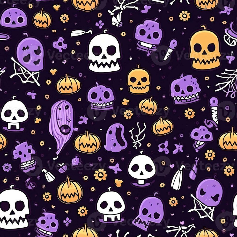 Halloween seamless pattern with pumpkins and skulls Ai generated photo