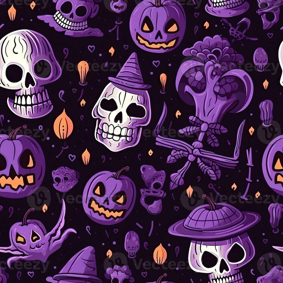 Halloween seamless pattern with pumpkins and skulls Ai generated photo