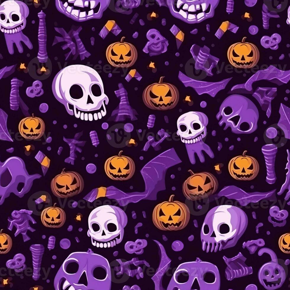 Halloween seamless pattern with pumpkins and skulls Ai generated photo