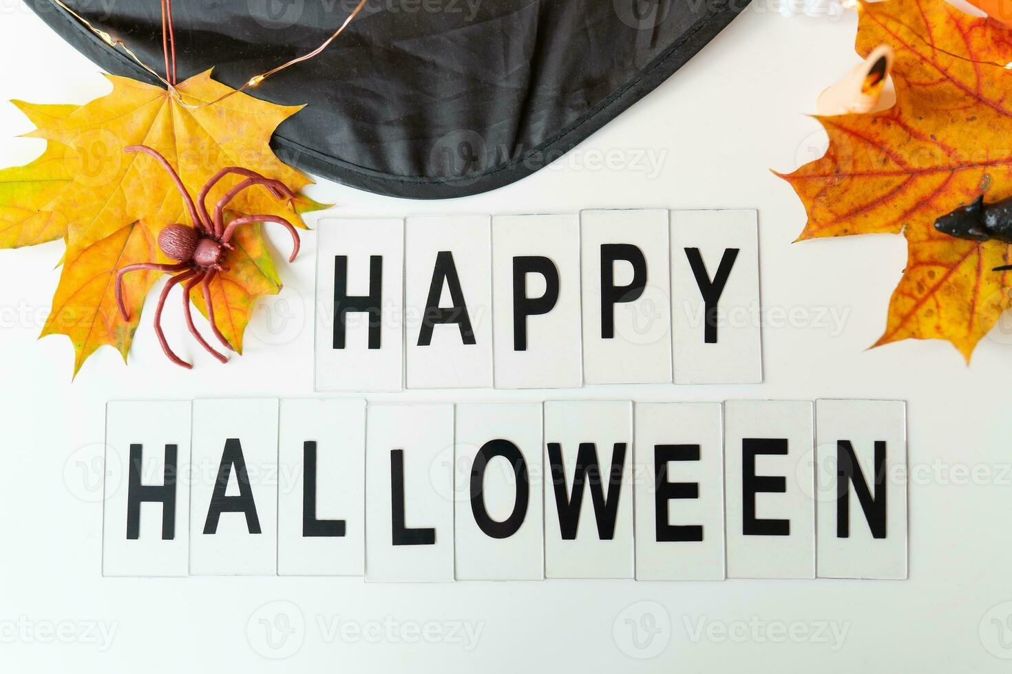 Happy Halloween lettering isolated on white background, holiday and party concept. Against the background of a spider, a mouse, a hat, yellow leaves. photo