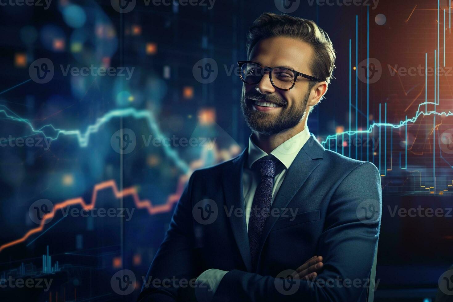 Portrait of a handsome young businessman in suit and glasses sitting at the table with crossed arms and looking at camera. Stock market chart on the background Ai generated photo