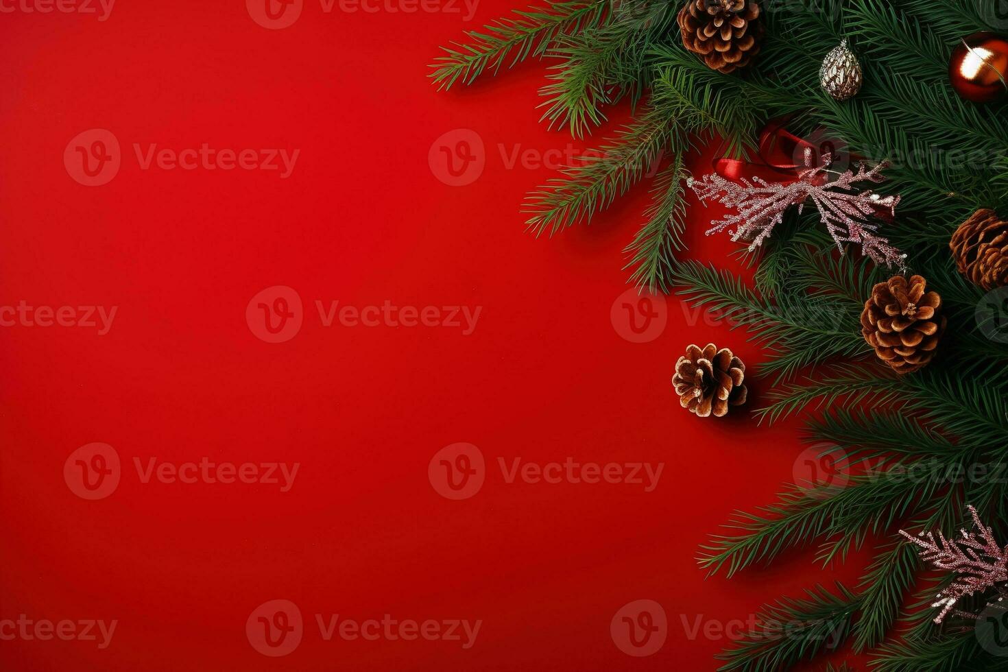 Christmas background with fir branches, cones and gift box on red background Ai generated photo