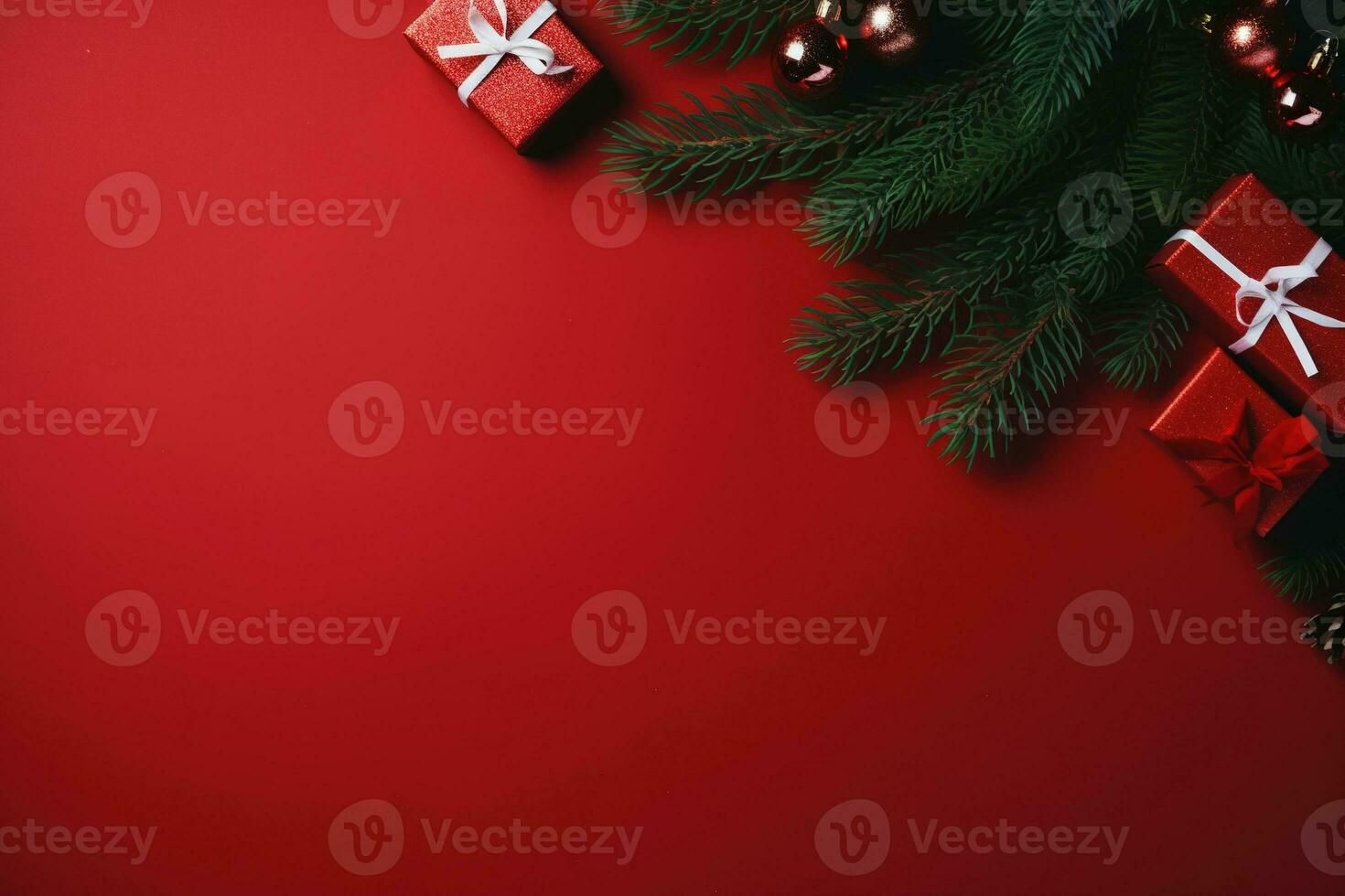 Christmas background with fir branches, cones and gift box on red background Ai generated photo