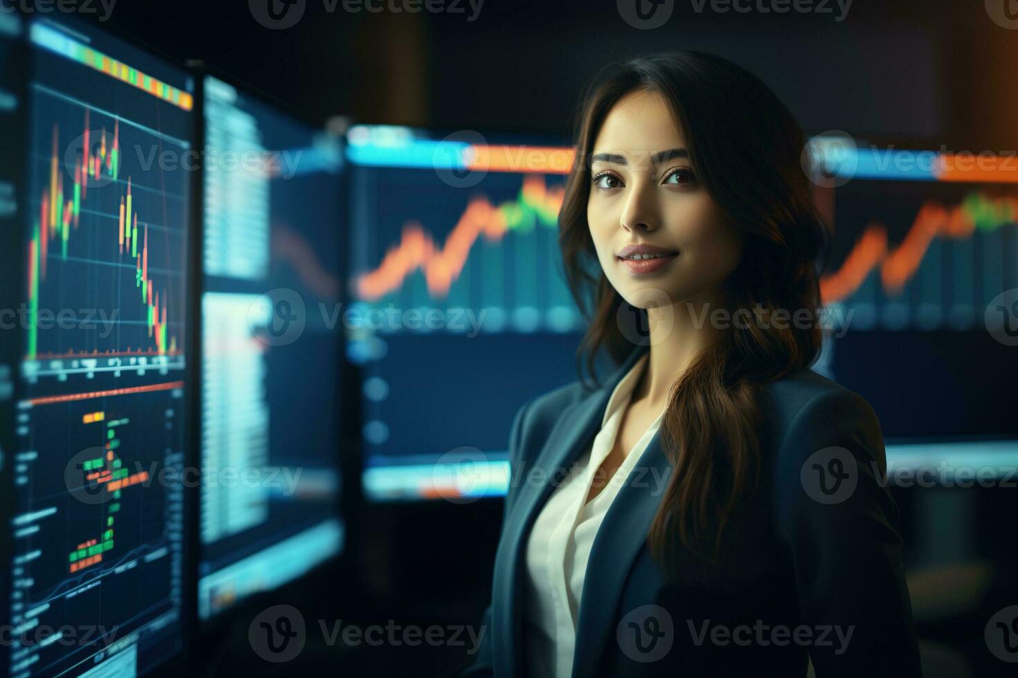 Portrait of businesswoman looking at camera while standing in front of computer monitor with stock market chart Ai generated photo