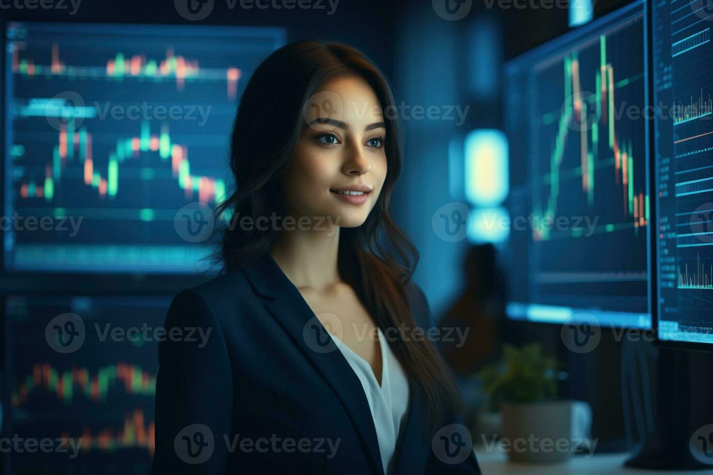 Portrait of businesswoman looking at camera while standing in front of computer monitor with stock market chart Ai generated photo