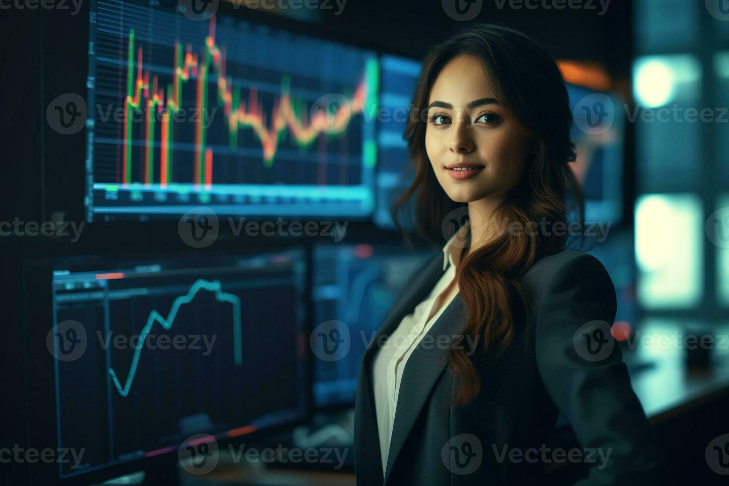 Portrait of businesswoman looking at camera while standing in front of computer monitor with stock market chart Ai generated photo