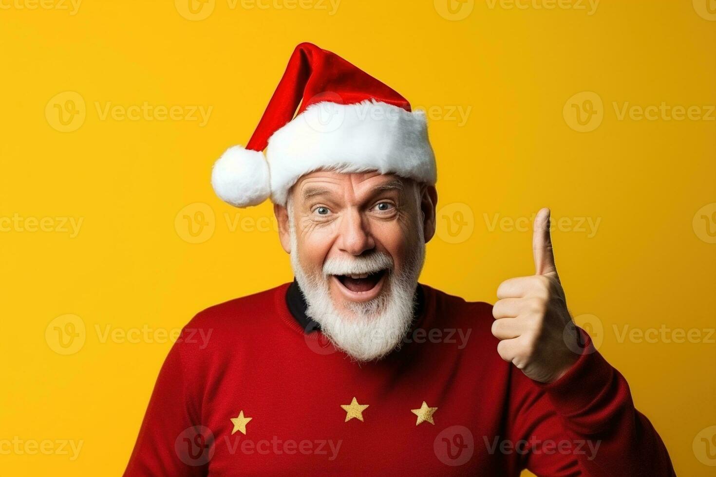 Portrait of Santa Claus showing thumbs up, isolated on yellow background Ai generated photo