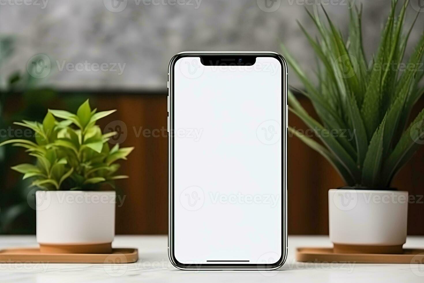 Smartphone mockup with blank screen and succulent plant on wooden table Ai generated photo