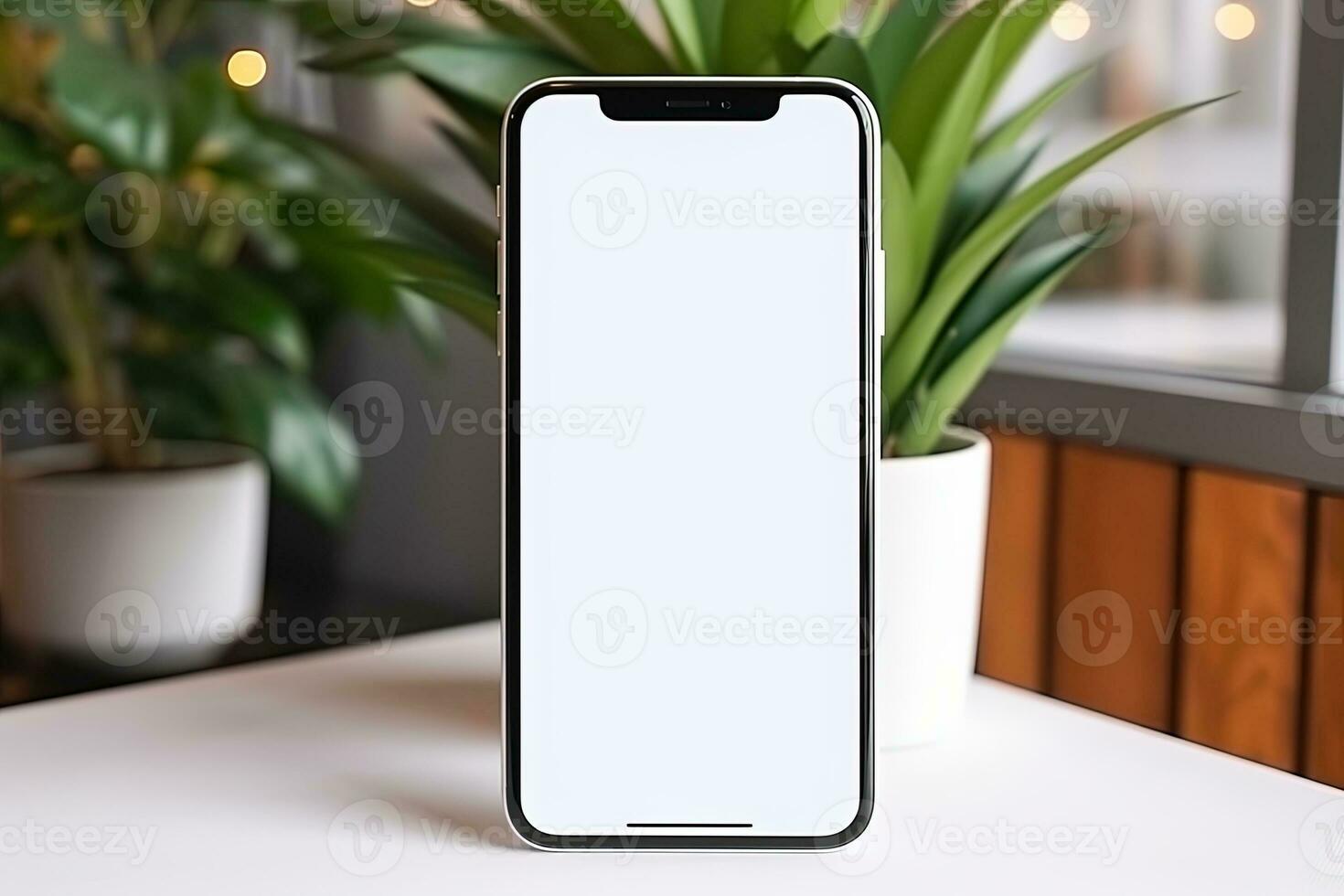 Smartphone mockup with blank screen and succulent plant on wooden table Ai generated photo
