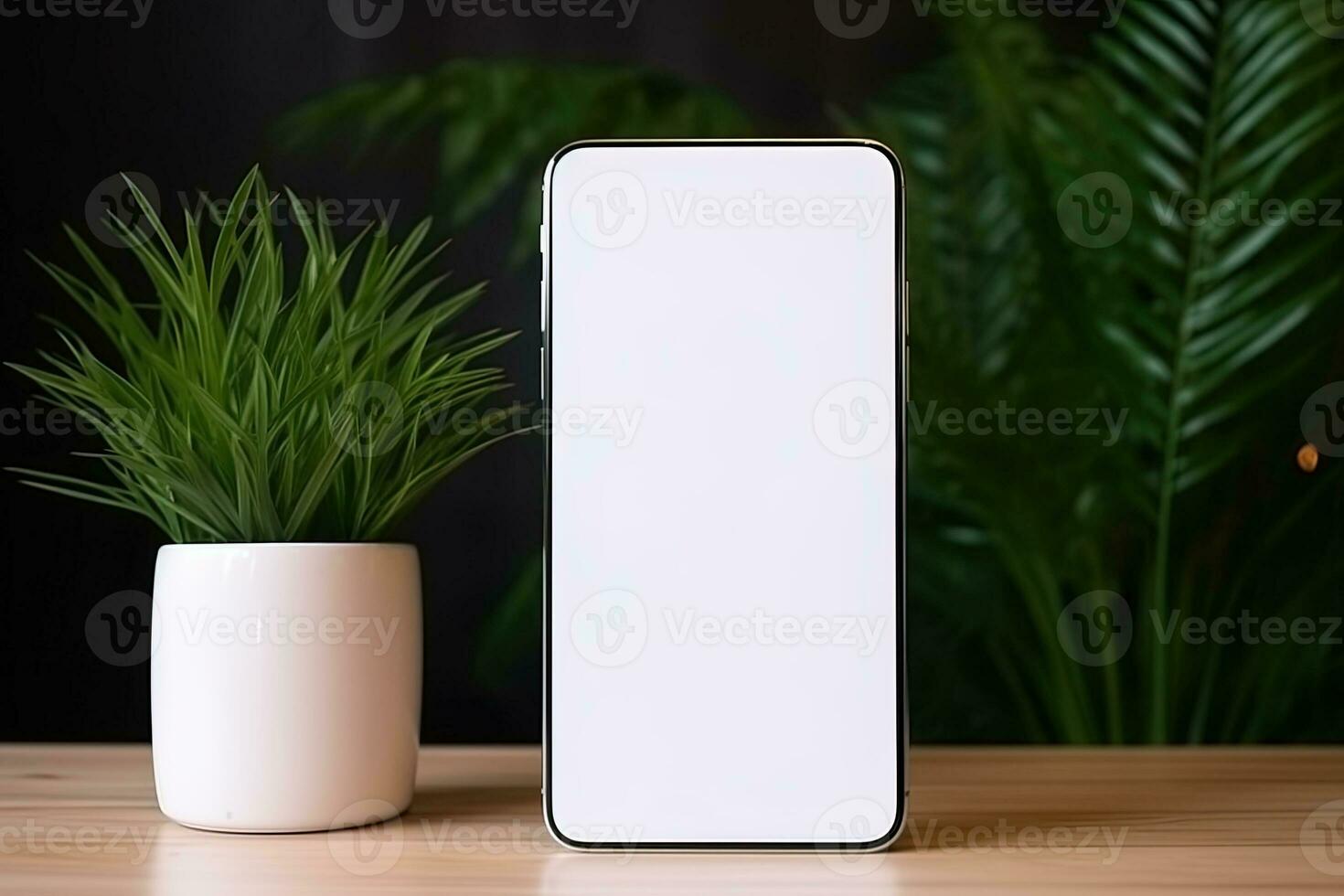 Smartphone mockup with blank screen and succulent plant on wooden table Ai generated photo