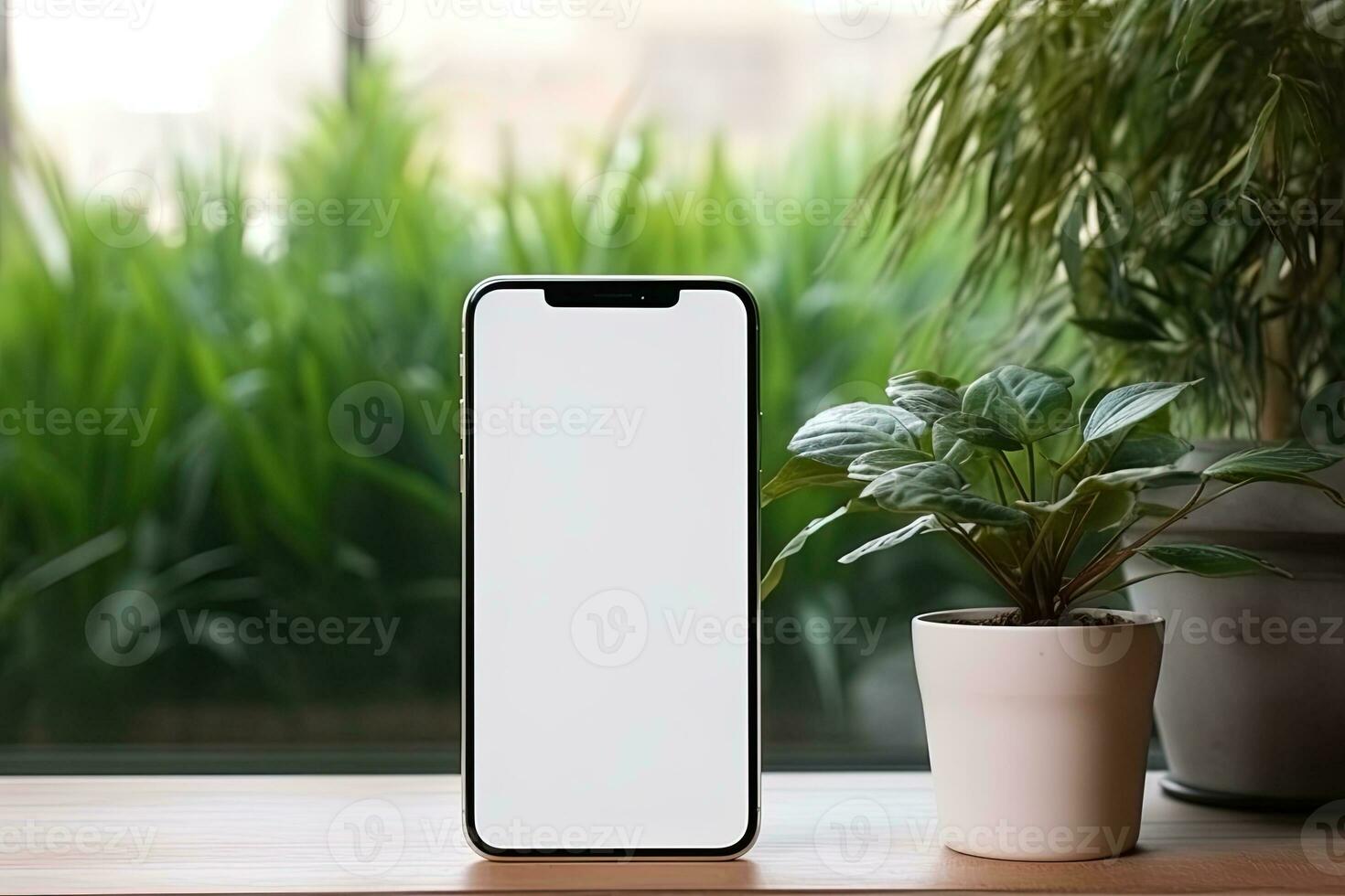 Smartphone mockup with blank screen and succulent plant on wooden table Ai generated photo