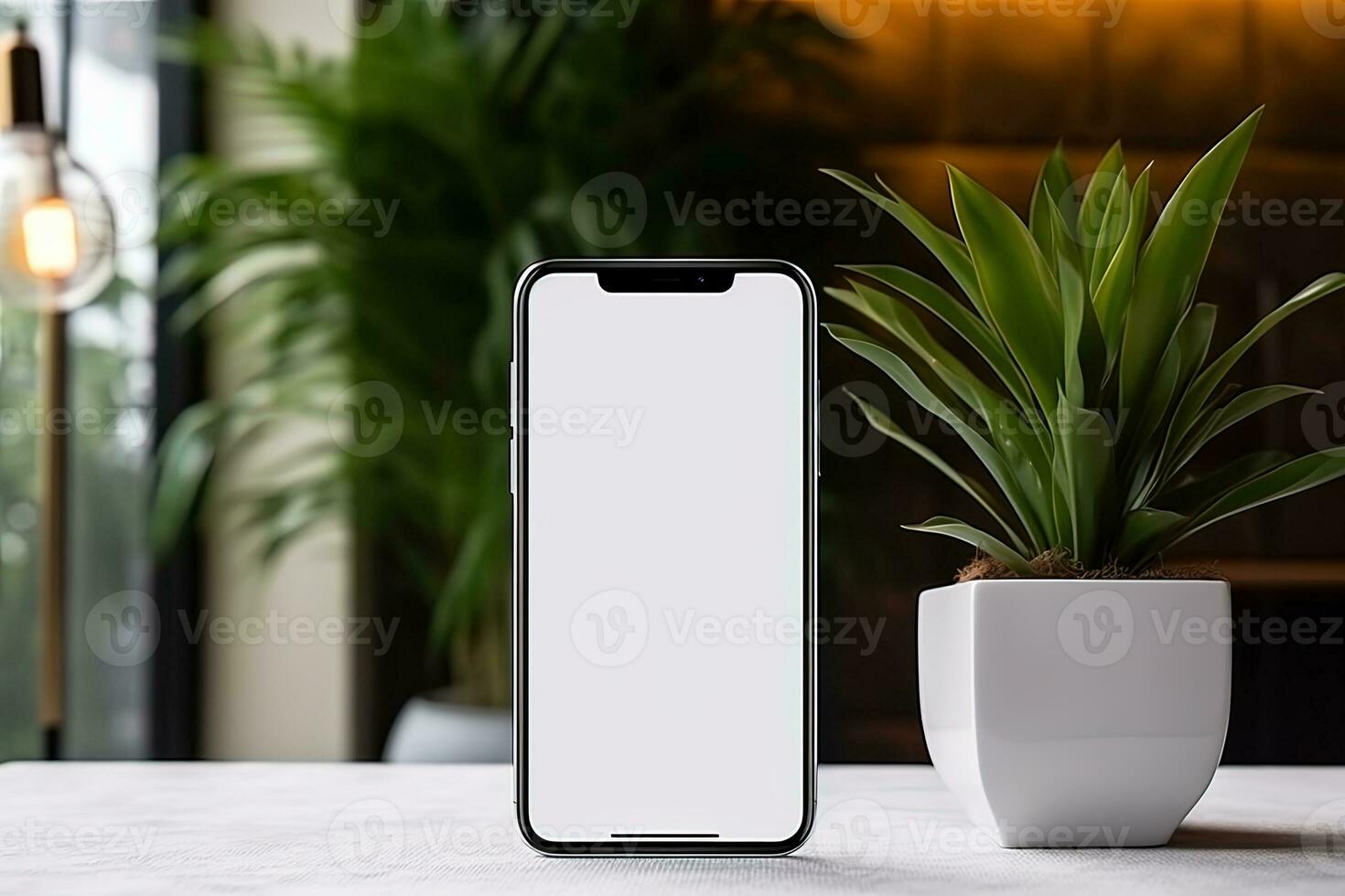 Smartphone mockup with blank screen and succulent plant on wooden table Ai generated photo