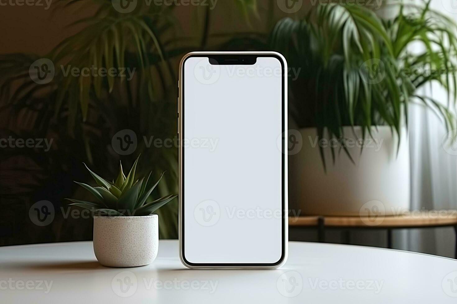 Smartphone mockup with blank screen and succulent plant on wooden table Ai generated photo