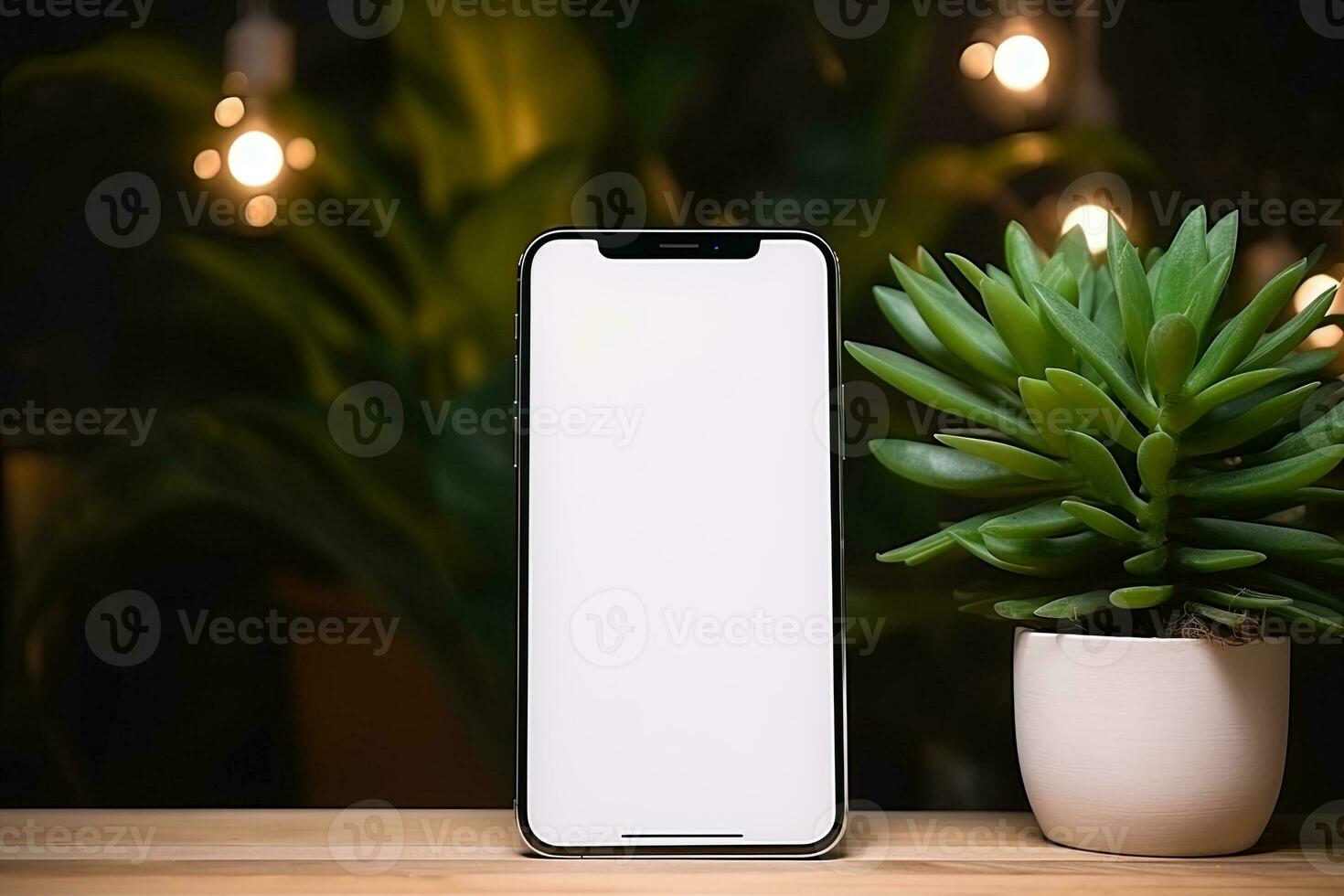 Smartphone mockup with blank screen and succulent plant on wooden table Ai generated photo