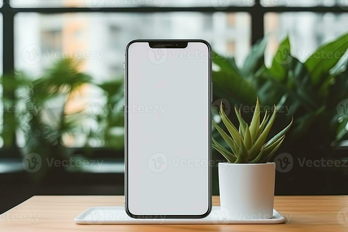 Smartphone mockup with blank screen and succulent plant on wooden table Ai generated photo