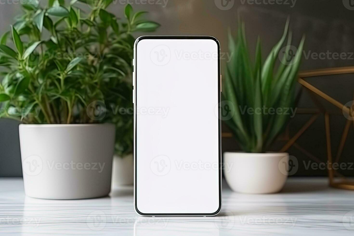 Smartphone mockup with blank screen and succulent plant on wooden table Ai generated photo