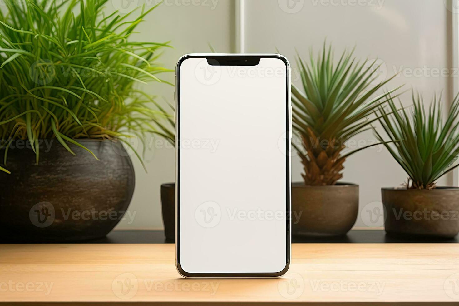 Smartphone mockup with blank screen and succulent plant on wooden table Ai generated photo