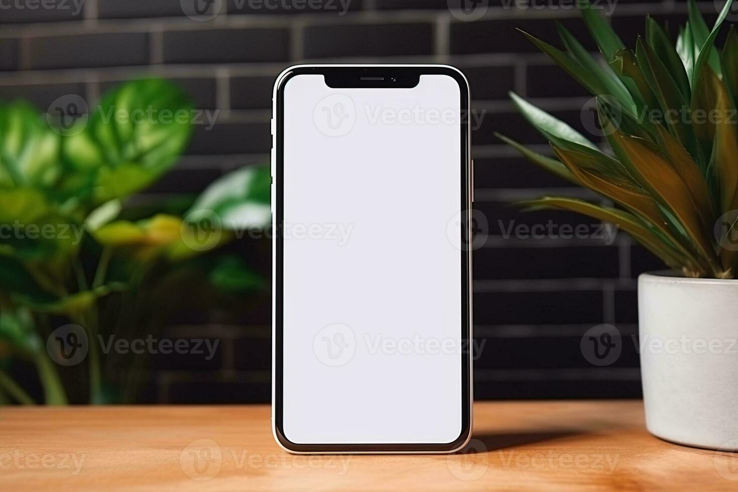 Smartphone mockup with blank screen and succulent plant on wooden table Ai generated photo
